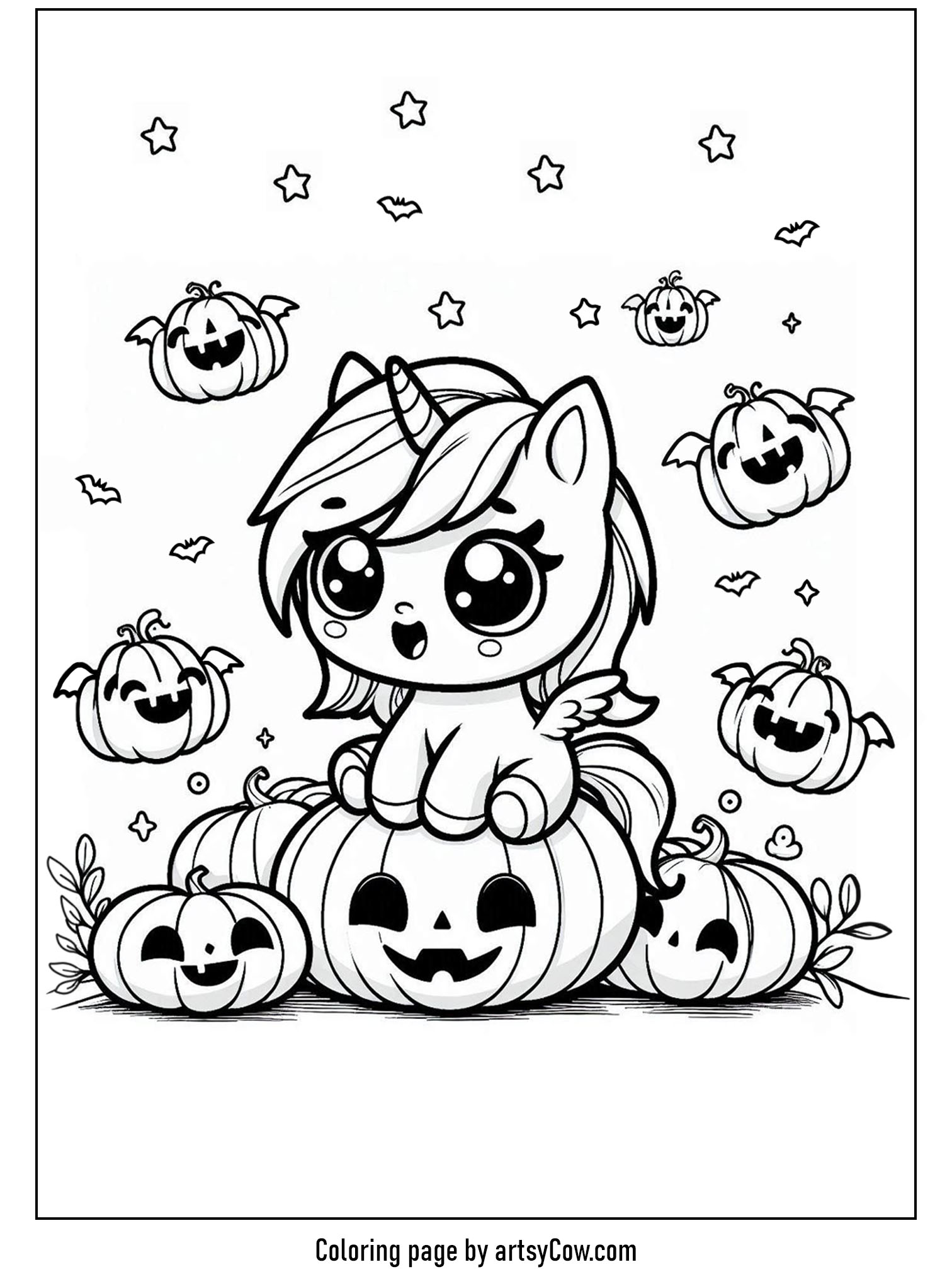Halloween coloring pages with unicorn 2 featuring a cute unicorn sitting on a pumpkin surrounded by floating jack-o’-lanterns and stars.